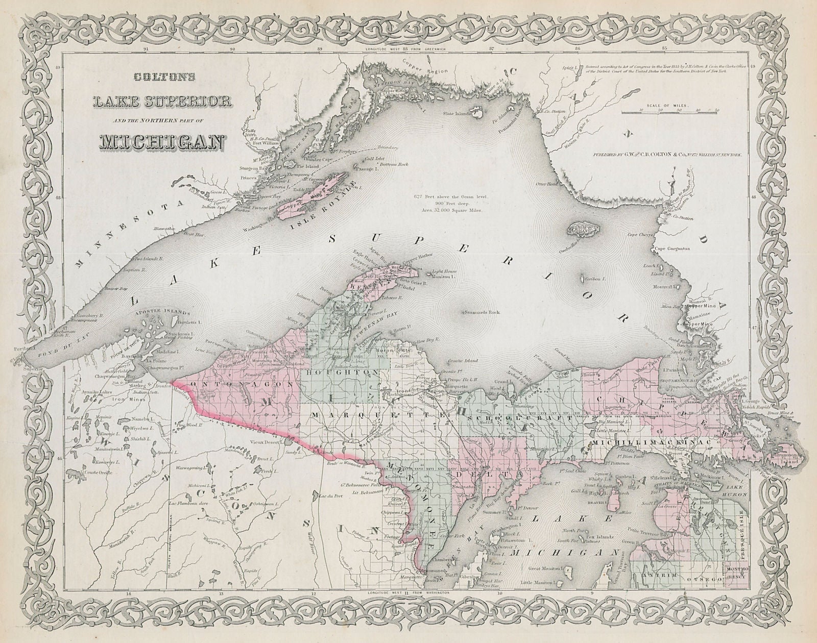 Colton's Lake Superior and the northern part of Michigan. US state map 1869